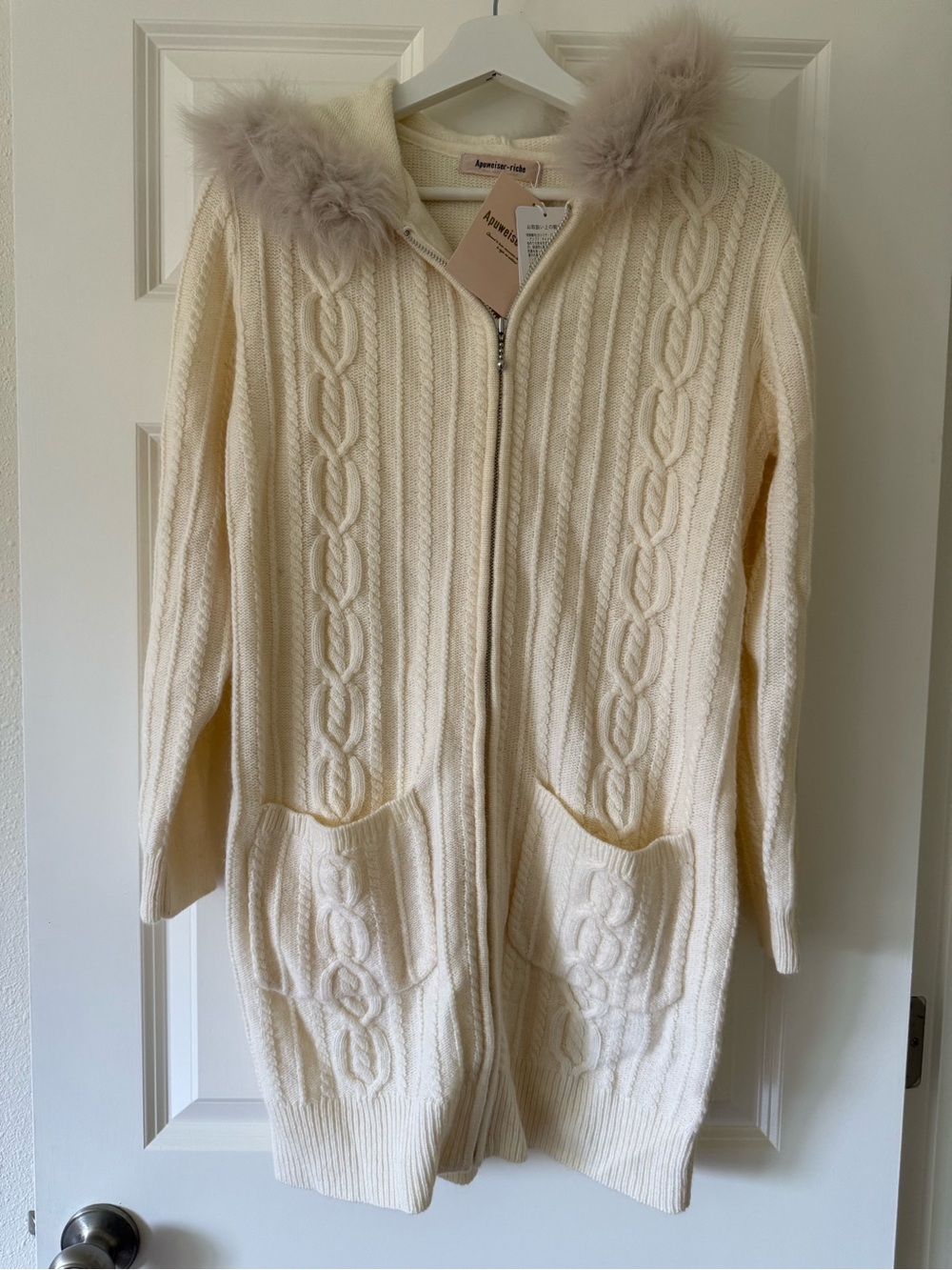 Cream Cable Knit Zip-Front Cardigan with Faux Fur Hood by Banana Republic